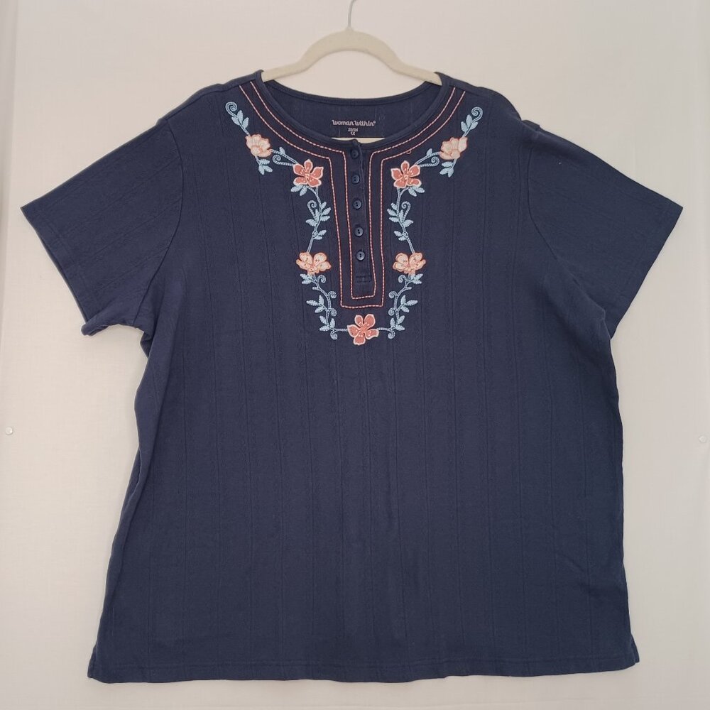 Women Within Blue Embroidered Flower‎ Top Size 1X
